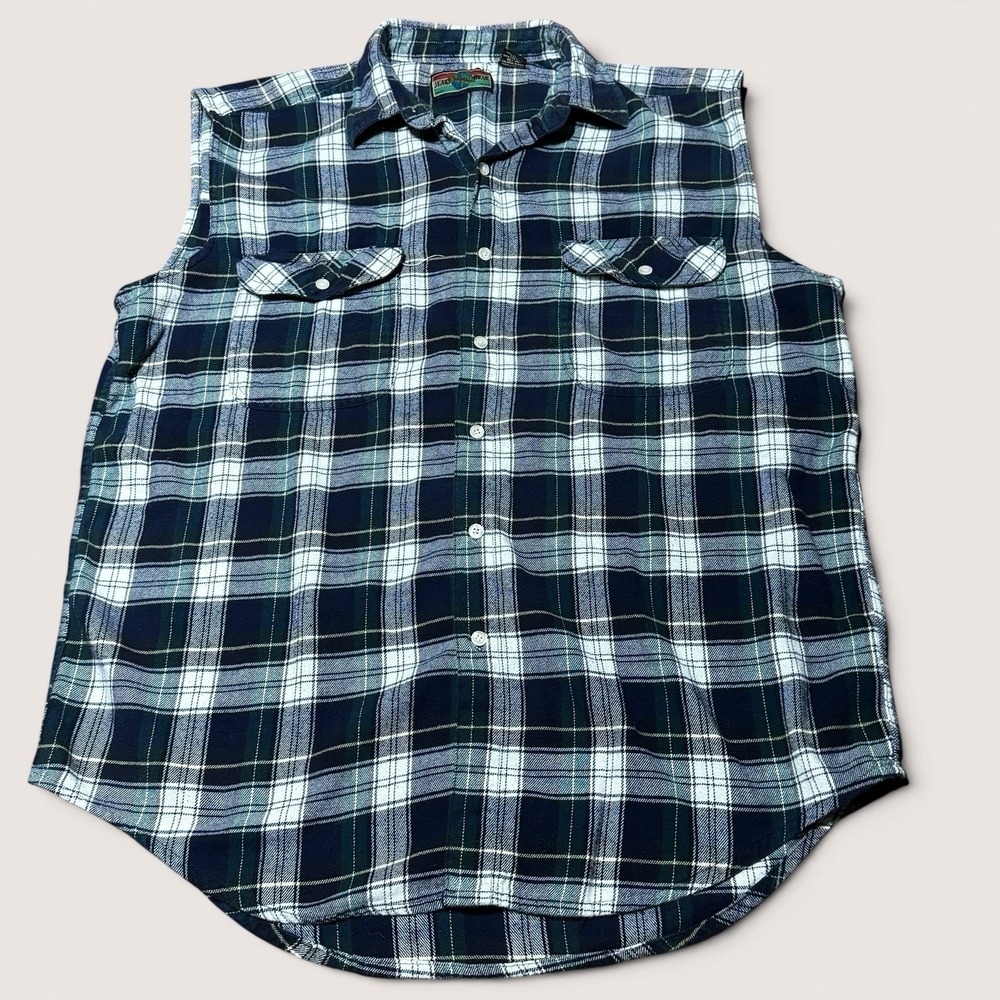 Vintage Structure Men's XL Sleeveless Plaid Flannel Shirt Blue Button Front